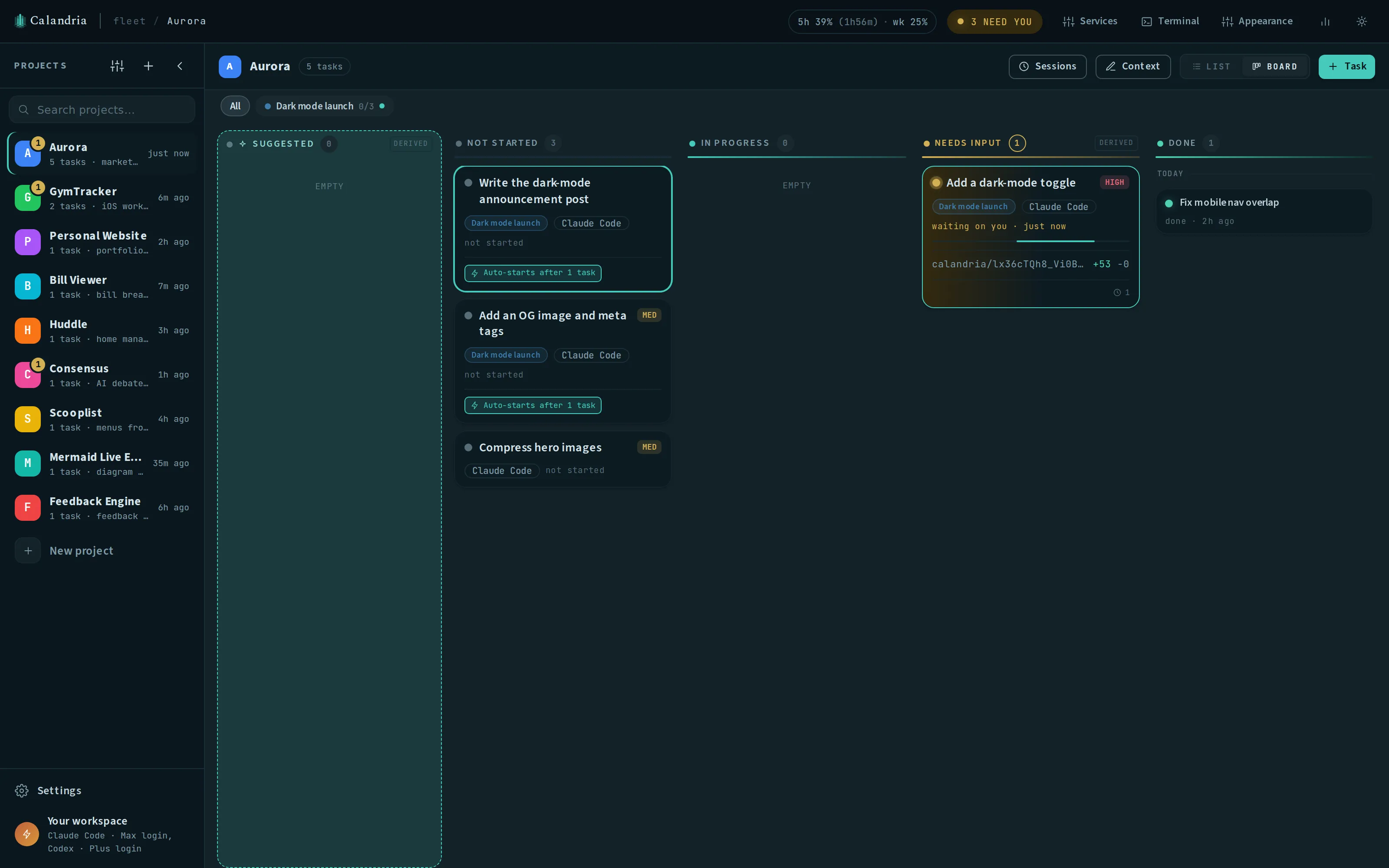 Board view: a tagged three-step pipeline with auto-start chips, one task waiting for input